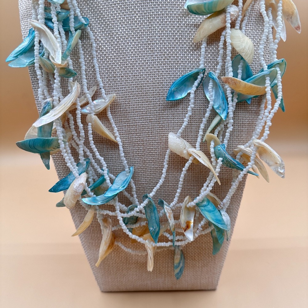 Turquoise Tone Shell Multi Strand Seed Bead Necklace Coastal Statement Vintage